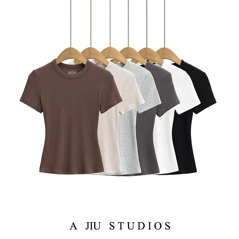 Kardashian Wind Pure Color round Neck Short Sleeve Women's Elastic Slimming Short Top Base Shirt Street Style Summer T-shirt