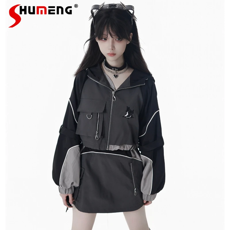 

Черный, серый цвет, функциональное пальто с длинными рукавами и вышивкой «Снежная гора», осенне-зимняя дизайнерская куртка и брюки, короткие юбки для женщин