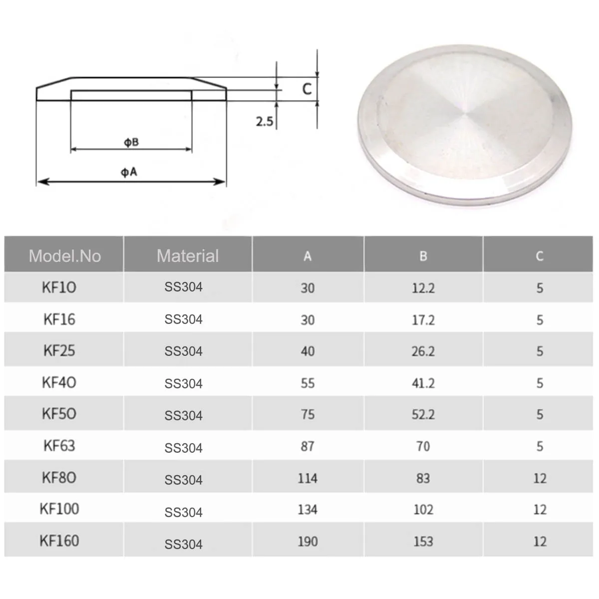 304 Stainless Steel KF Vacuum Flange Blind Plate Solid End Cap Flange Baffle Plate for Vacuum Pipe Tri Clamp KF16 KF25 KF40 KF50