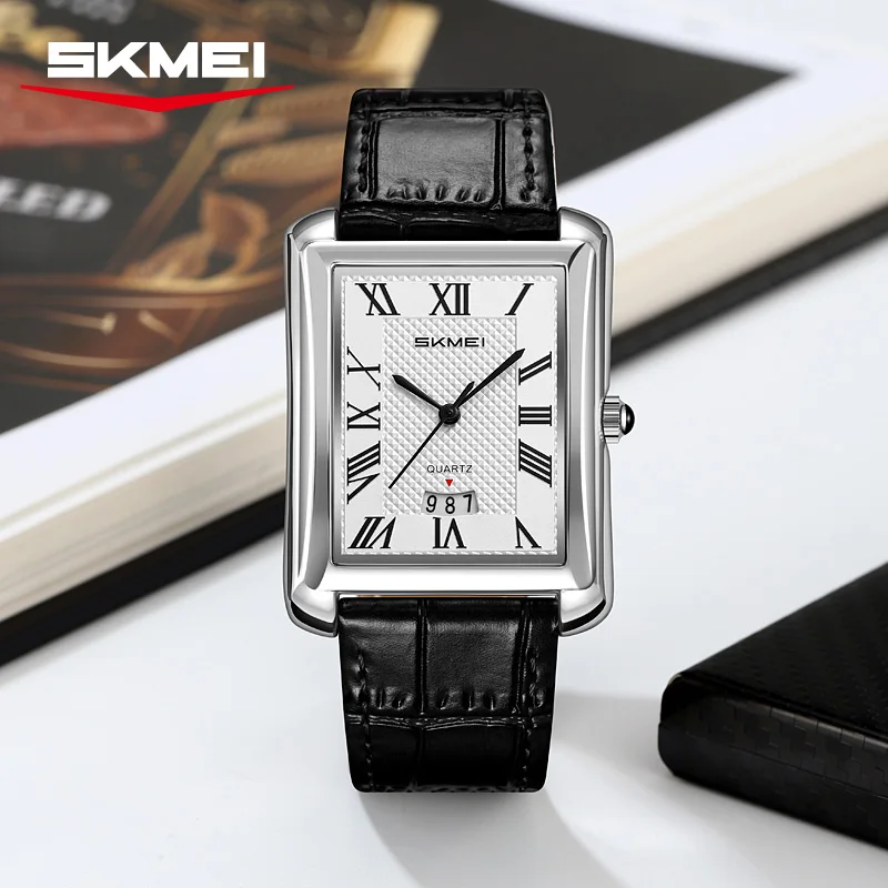 SKMEI 2575 Men Quartz Watch Elegant Business Wristwatch Calendar Square Dial Leather Strap Fashion Watches for Man Reloj Hombre