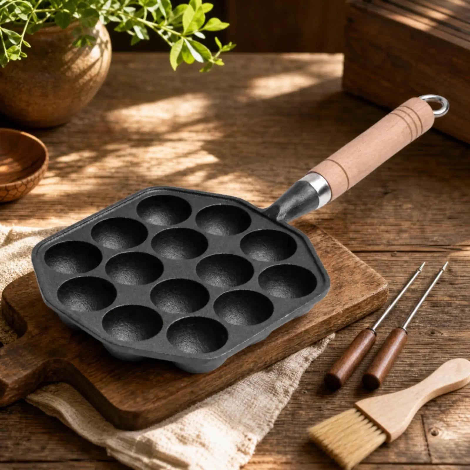 Cast-Iron Takoyaki Pan with Wooden Handle Uncoated Induction Takoyaki Pan Sturdy for Home Cooks, Japanese Snack Making