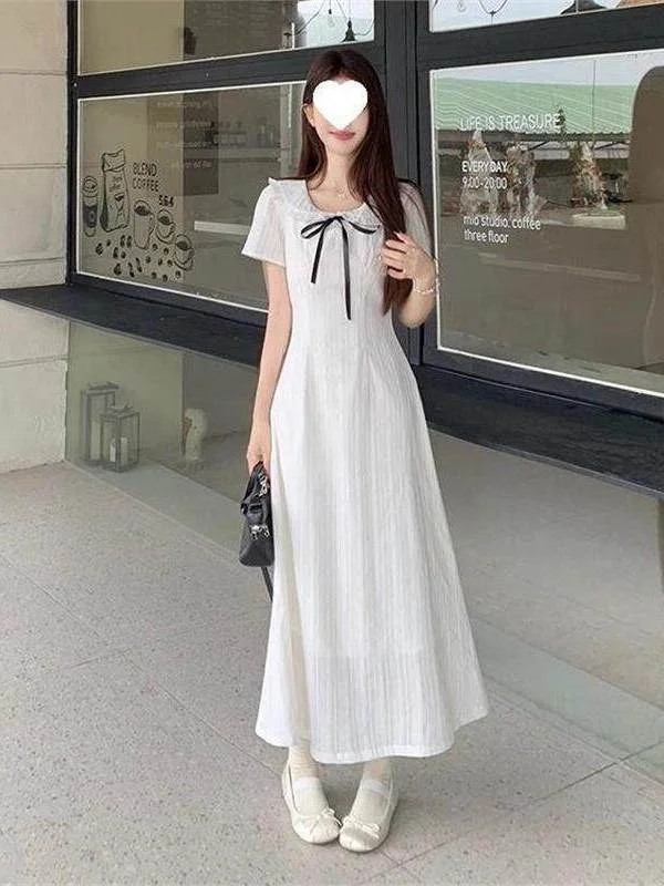 French Style Ruffle Hem Doll Collar Short Sleeve Dress Slimming Waist High Waist Midi Skirt for Women Casual Knitted A-Line D...