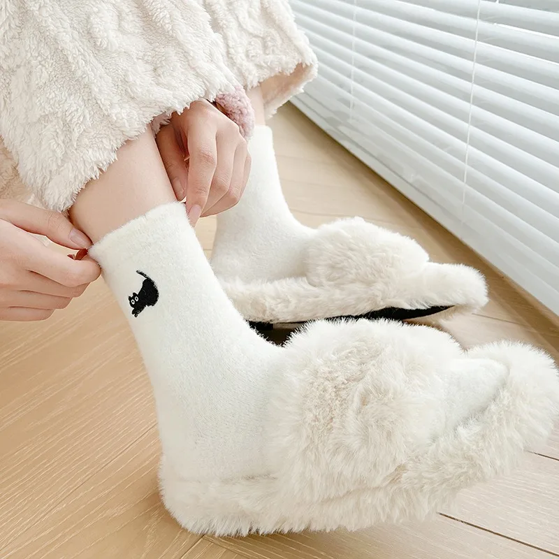 Chaussettes en peluche épaisses super douces pour femmes, chaussettes thermiques, chat mignon, vison, sourire, chaud, maison, sommeil, sol, lieux, hiver, Kawaii, neige