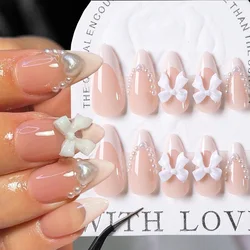 3D White Pearl Bow Fake Nails 24pcs Pink Sweet French Press on Nails Full Cover Glossy Artificial Reusable False Nail for Women^