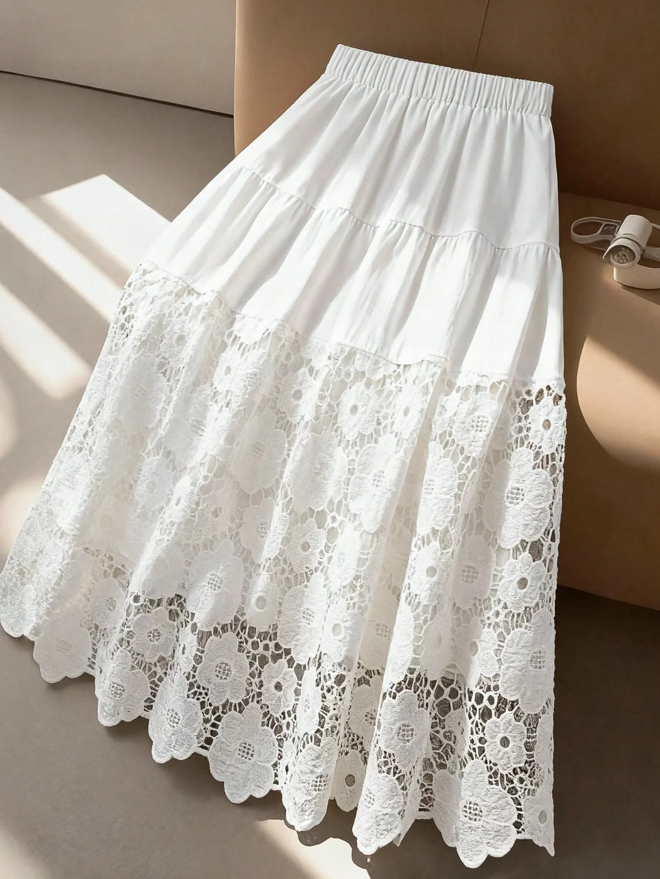 Eleganter, hochwertiger A-Linien-Rock mit Spitze und Patchwork für Damen in großen Größen, taillenschmeichelnd, geeignet für Büro, Freizeit, Dates, Abschlussfeiern, Feiertage, Valentinstag, Musikfestivals, Muttertag, H – Detail 1