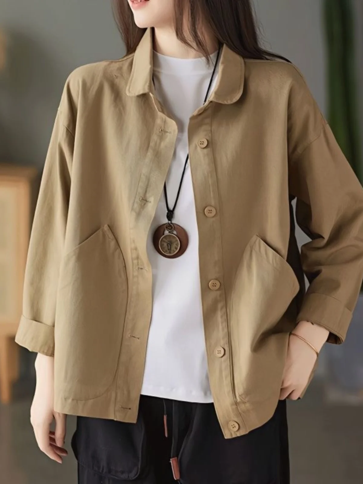 

Женская свободная хлопковая рубашка с длинными рукавами и большими карманами, винтажная клетчатая повседневная куртка для осеннего сезона и для фигуры типа «груша»