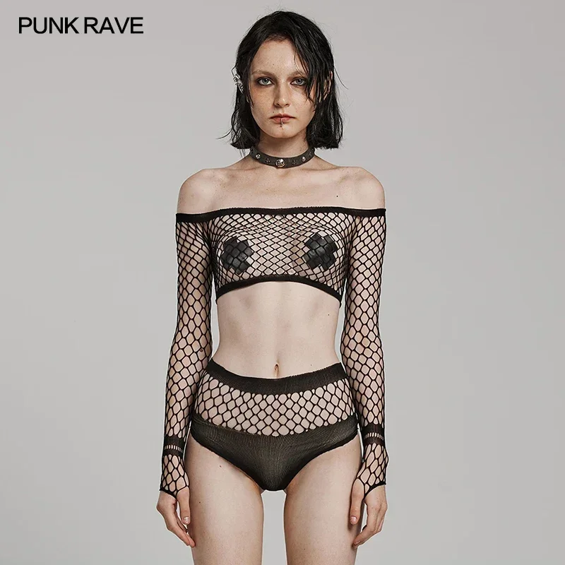 PUNK RAVE T-shirt prospettiche in rete elastica punk da donna Set metodi di indossamento multipli Top sexy Abbigliamento donna