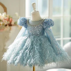 Girls Princess Pearl sequins blue luxury Children pearl Bow tutu Wedding Gown Kids Dresses baby infant Birthday Party Dress