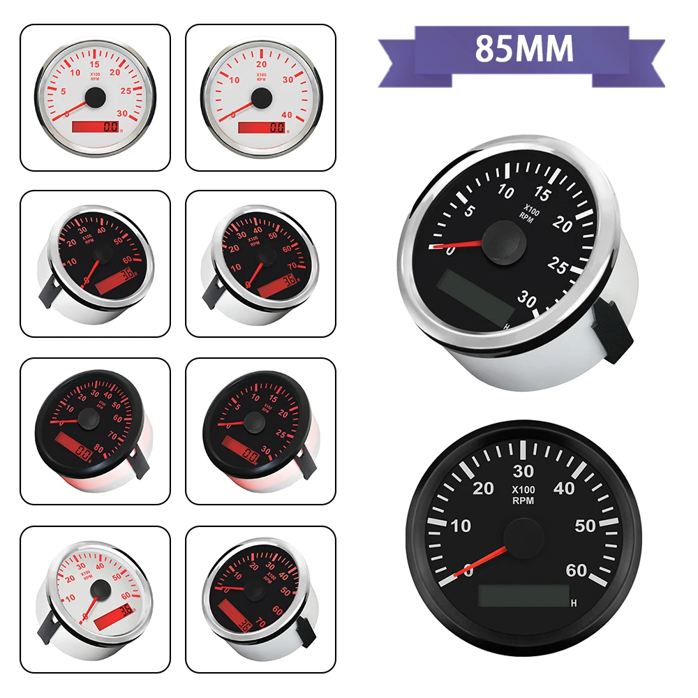 Rhaxel 85mm Tachometer REV Counter RPM Gauge With Hourmeter 0-3000 0-4000 0-6000 0-7000 0-8000RPM 12V 24V for Cars Boat