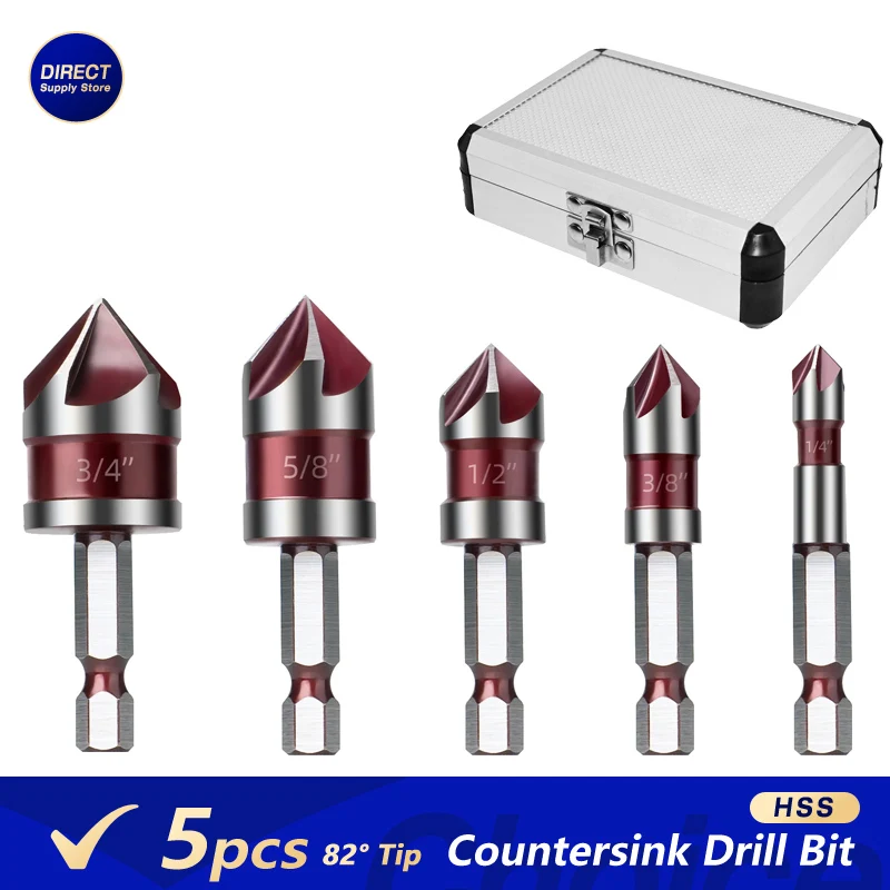 5Pcs HSS Metal Countersink Drill Bit 82° Tip Multifunctional Hex Shank Countersink Drill Bit Kit