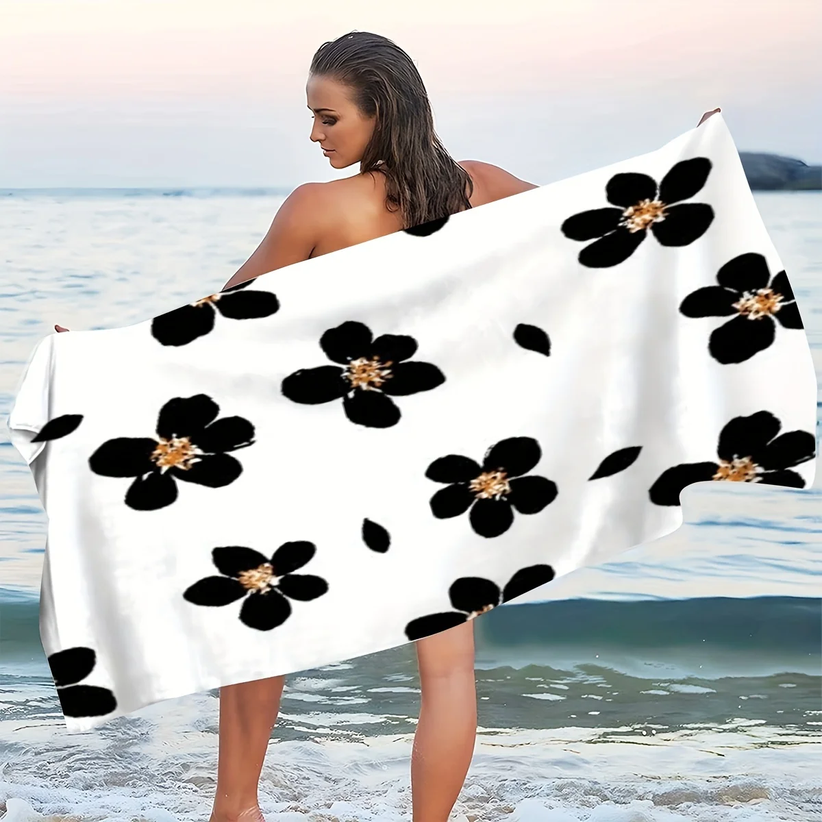 Black Floral Beach Towel, White Background with Gold Center Flowers, Quick Dry Microfiber, Oversized for Beach Pool,Gift for Her