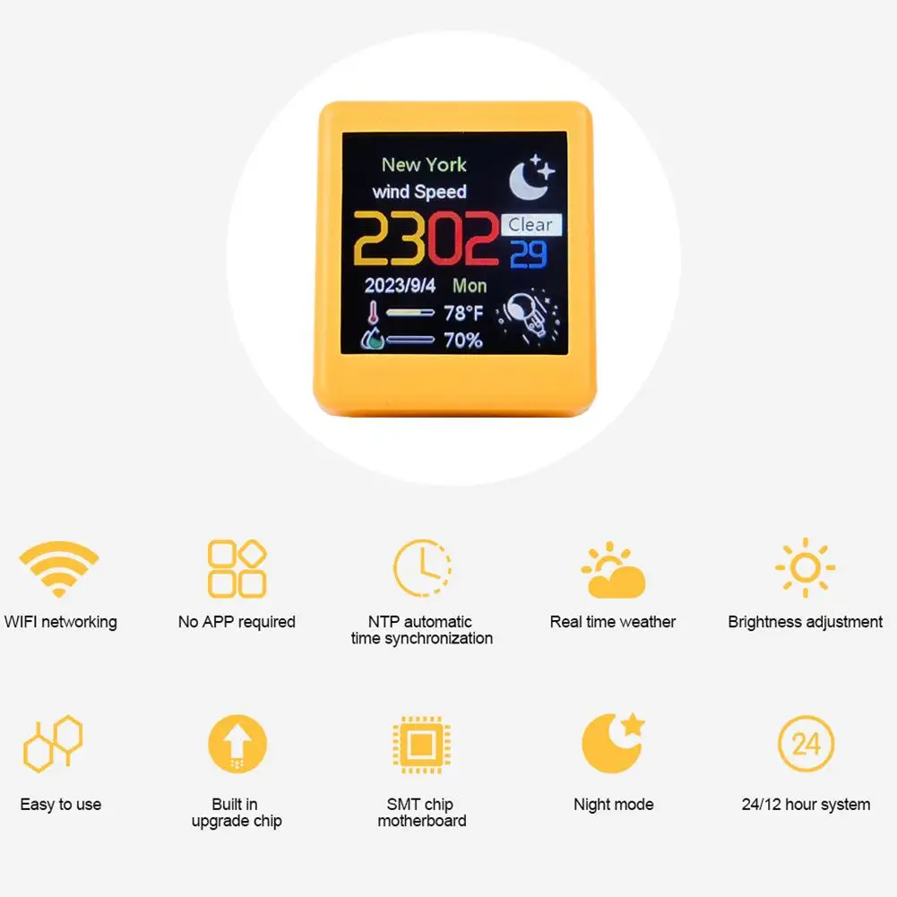 Smart WiFi Weather Station Cute Mini Desktop Clock Auto-Sync Time Temperature Humidity Animated Display Alarm Clock for Gift