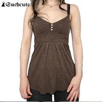 SUCHCUTE Vintage Brown Ribbed Button V Neck Sleeveless Top Y2K Aesthetic 2000s Spaghetti Strap Camisole Y2K Women Loose Hem Vest