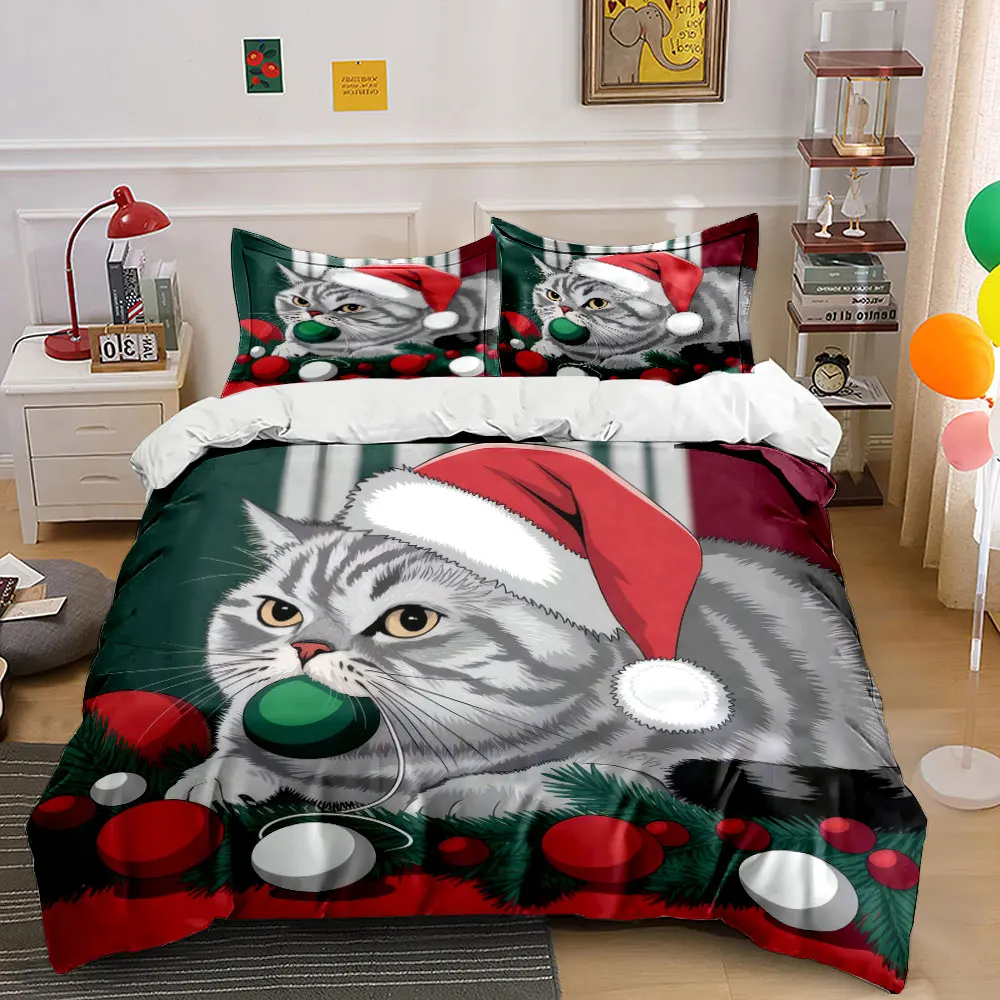 A cozy scene of a cat with a Santa hat and ornaments Print Duvet Cover Bedding Set Included 1*Duvet Cover 2*Pillowcases