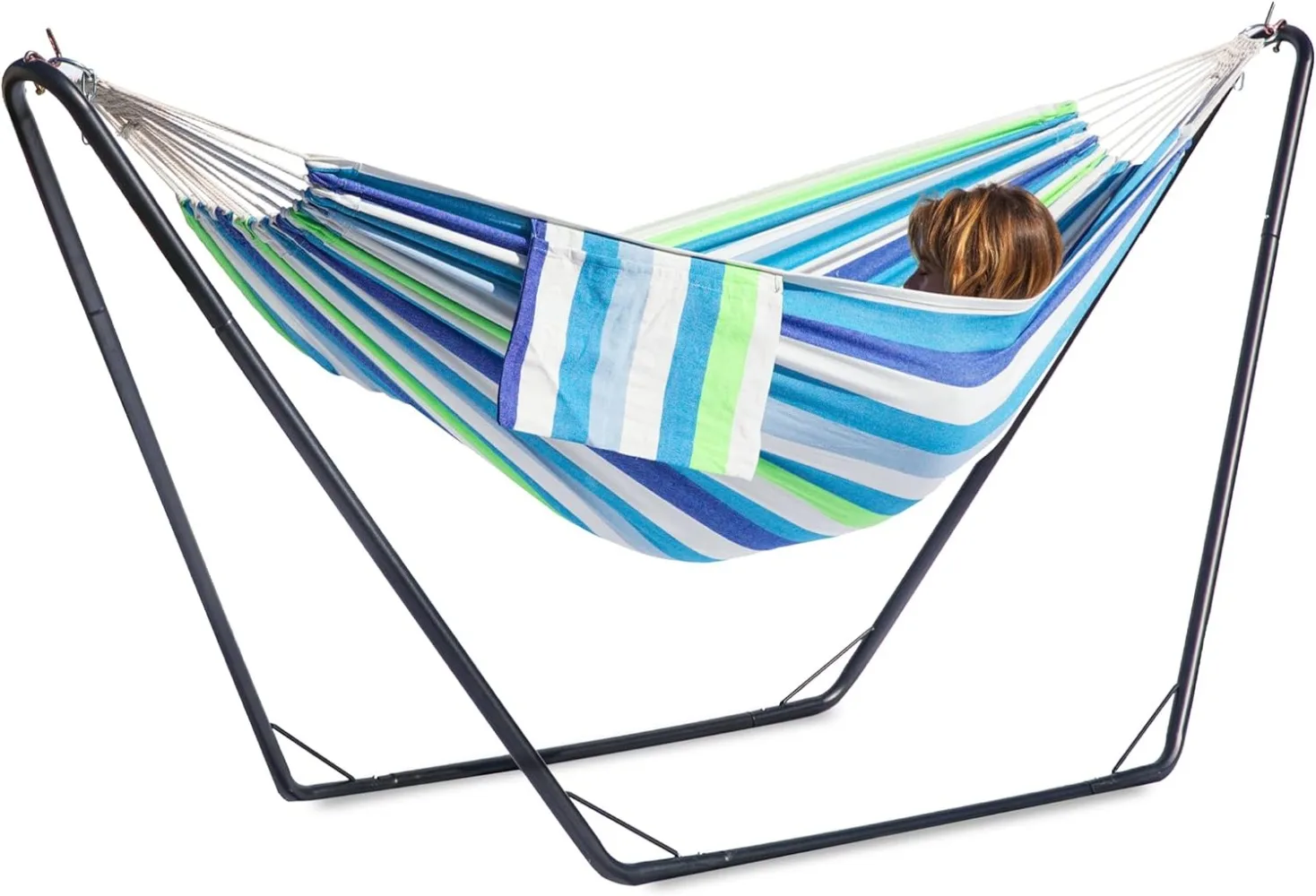 Double Hammock with Stand for Outside, Stable V-Shape Space Saving Steel Stand 2 Person, Comfortable Pillow & Convenient Side