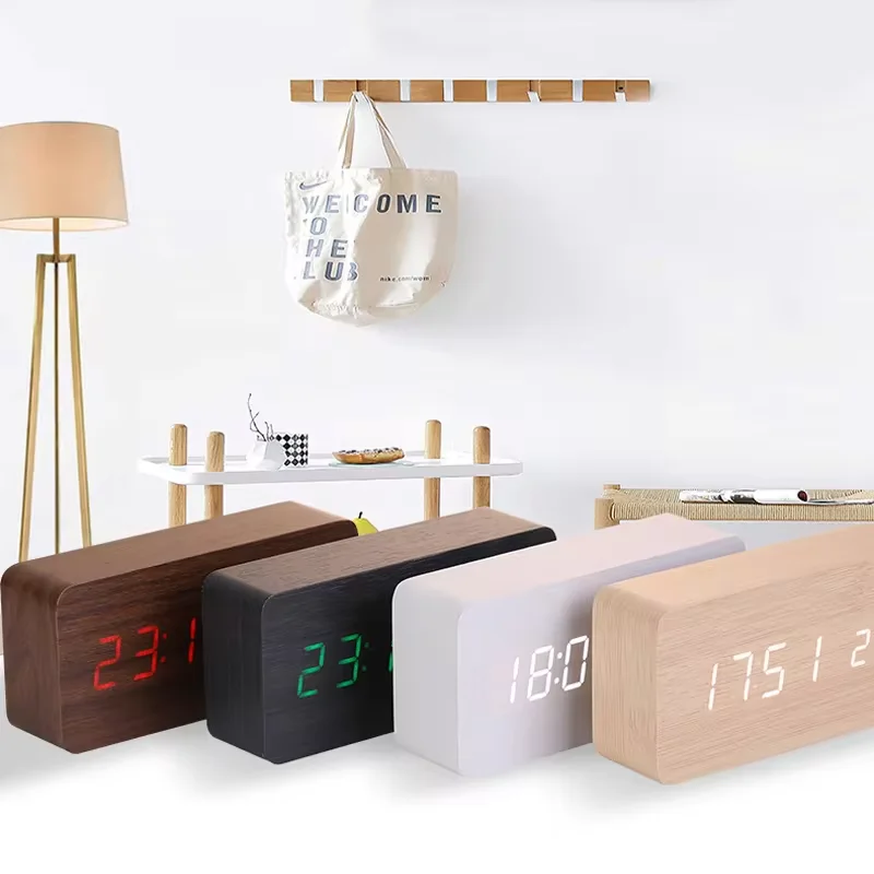 Smart Silent LED Wooden Clock Alarm Clocks Craft Gift Usb Rechargeable Wooden Head Clock Stylish Design High Quality Material