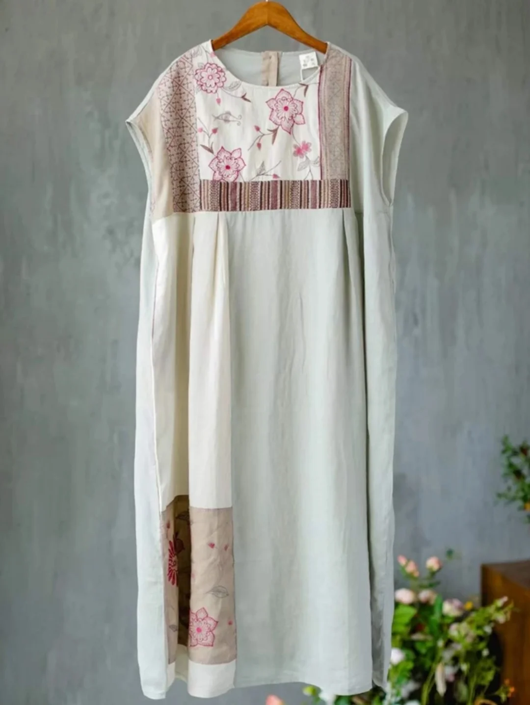 Chinese style robe Summer 100% ramie short sleeved dresses Plus-size embroidery vintage Long dress Luxury two-piece set