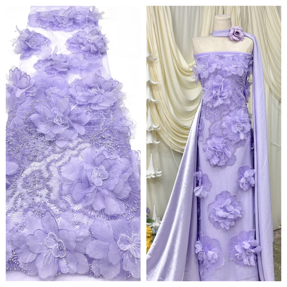 

Purple 3D Applique French Sequins Tulle Lace Fabric 2026 High Quality Beaded African Lace Nigerian Wedding Evening Dress
