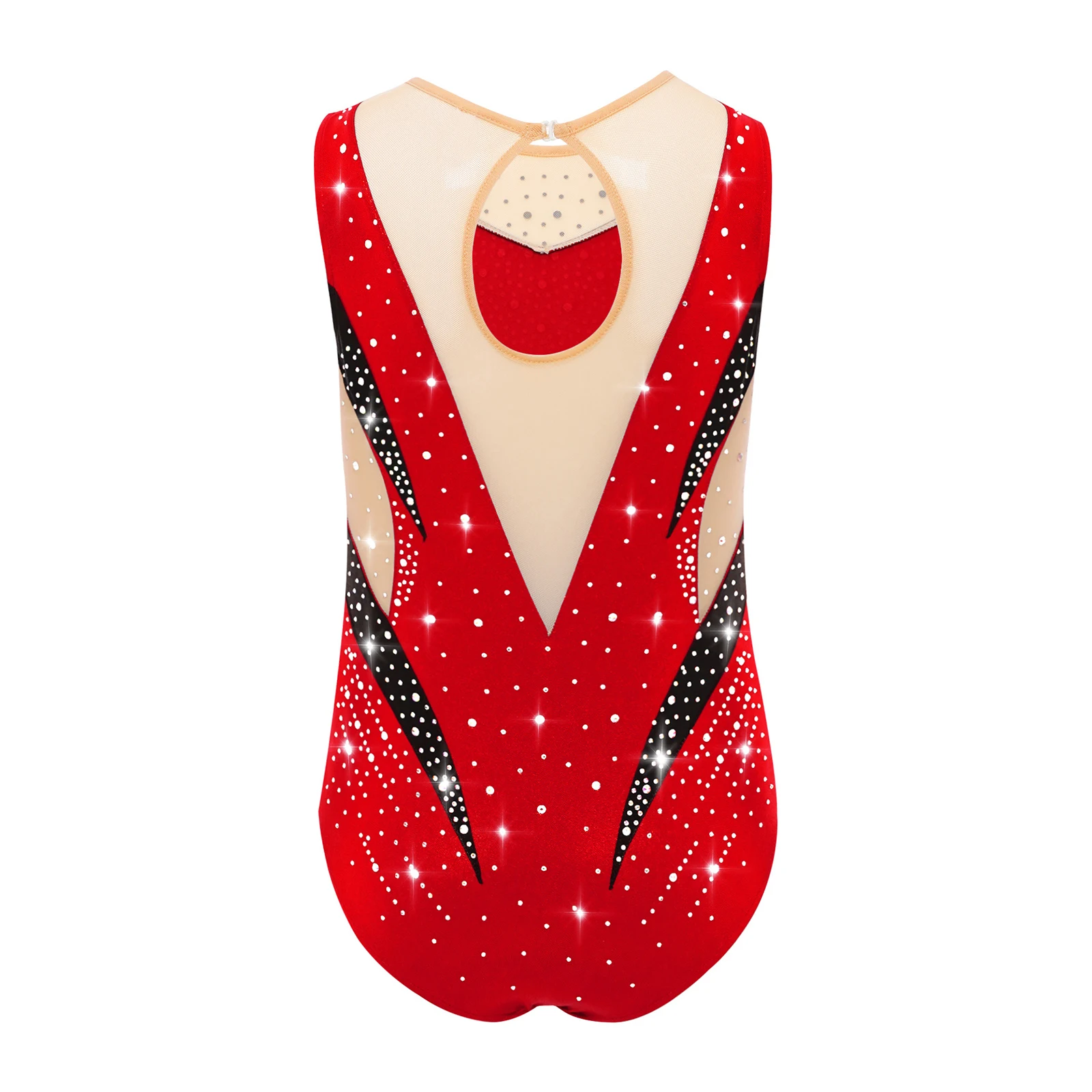 

Kids Girls Figure Skating Gymnastics Leotards Shiny Rhinestones Sheer Mesh Sleeveless Bodysuit Ballet Dance Performance Costume