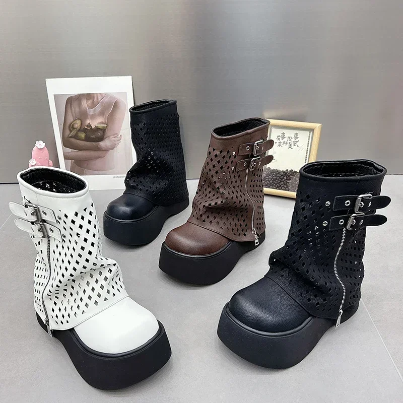 Bottes Courtes Ajourées avec Ceinture pour Femme, Chaussures Plates, Élégantes, à la Mode, Automne Hiver