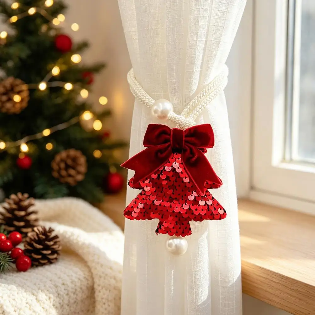 No Drill Curtain Holdbacks Decorative Christmas Window Holders Sequined Tree Curtain Tieback with Bow Sparkling for Home