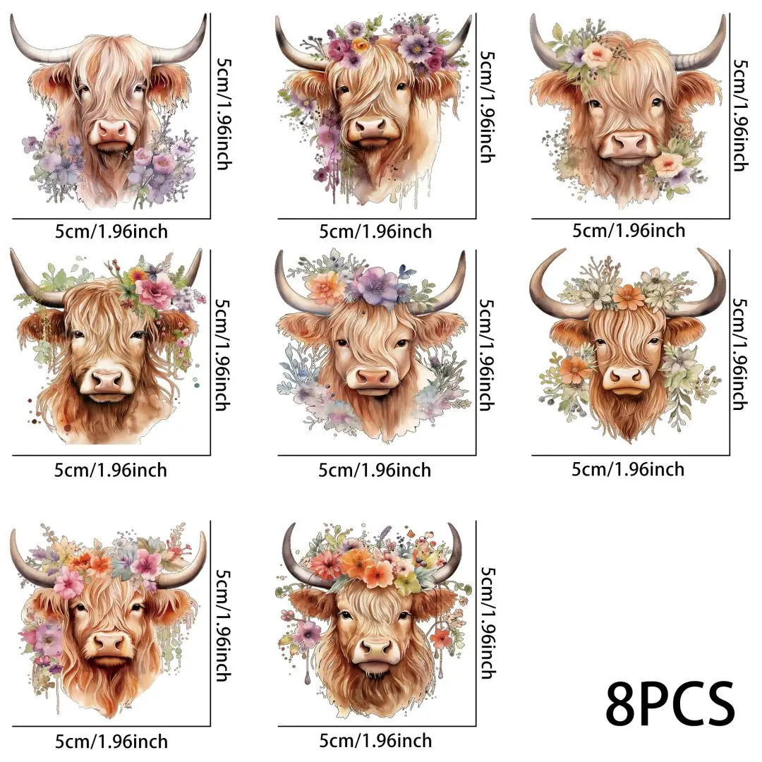 8pcs Highland Cow UV DTF Cup Stickers, Waterproof Sticker Pack For Decorating Mugs, Cups,DIY Art Supplies