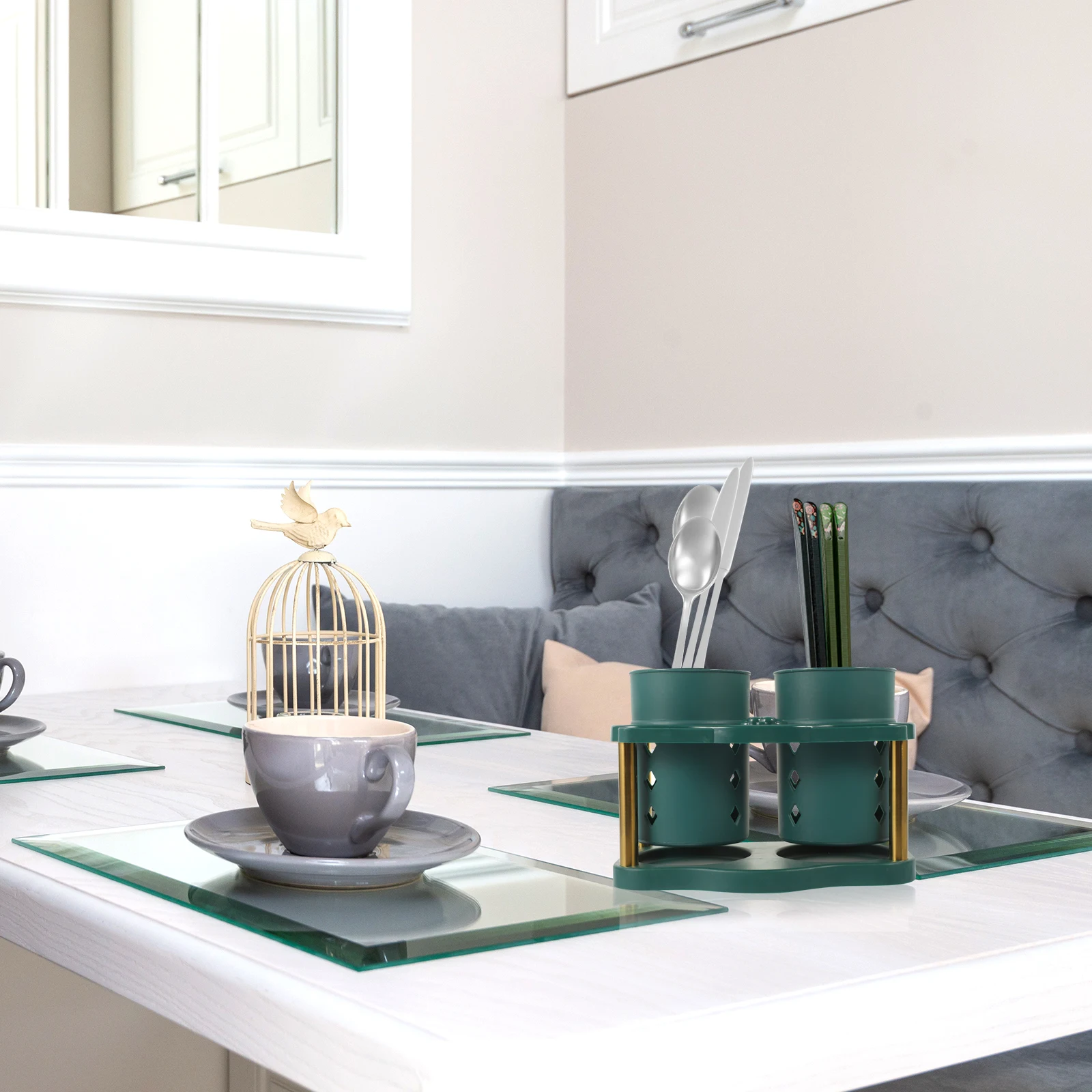 

2 Pcs Double-barrel Chopstick Tube Holder for Kitchen Utensils Tableware Wooden Green Countertop