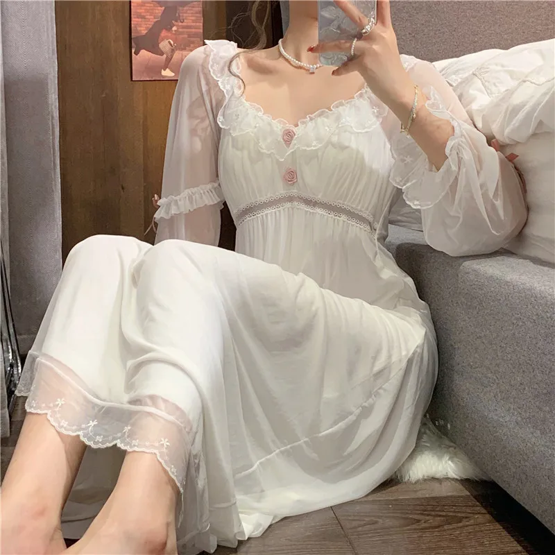 Sleepwear Retro French Court Style Nightdress Sexy Perspective Long Sleeve Home Dress Women Sweet White Lace Princess Nightgown