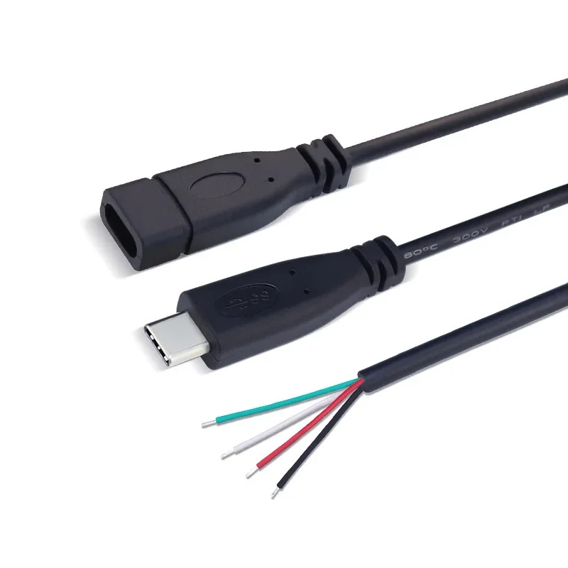 Black Type-C USB Female Male Plug 2 4 Wire Power Cable Cord Stripped Maximum Current 3A for Raspberry Pie DIY 0.3M 1M 2M