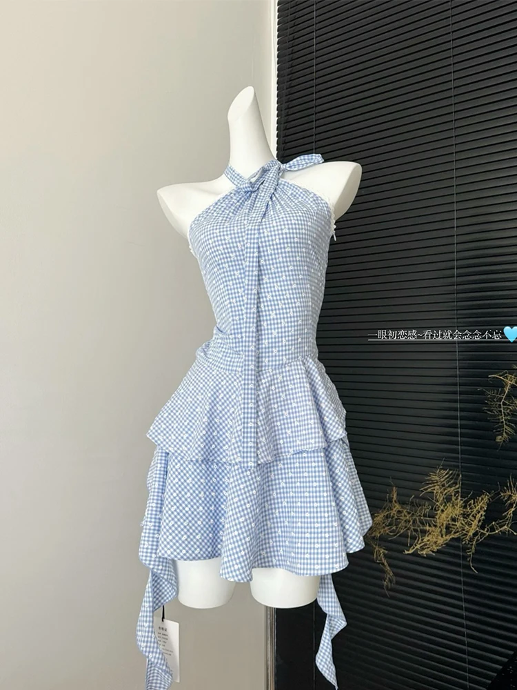 

Summer Ballet Core Lace Mori Girl Vintage Mini Sleeveless Dress Women Gyaru 2000s Korean Evening Plaid Frocks One-Piece Party