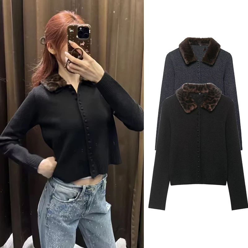 

Fur Collar Cardigan Blouse Women's Spring 2026 New Chic Elegant Leopard Print Lapel Long Sleeve Women knitting Sweater Cardigan