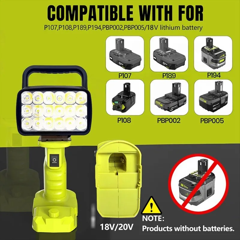 Portable LED Work Light Night-time Lighting Suitable for Ryobi 18V Batteries Construction Site Floodlight for Outdoor Camping