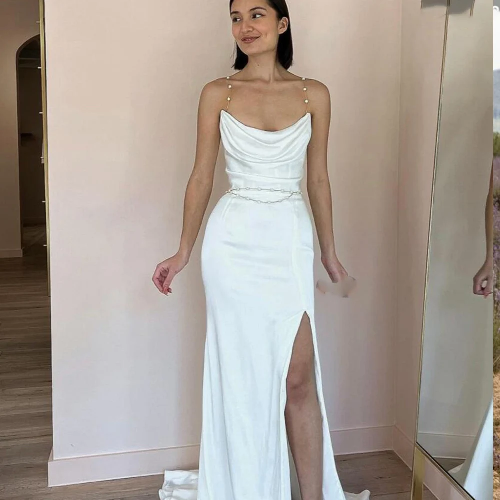 Simple Mermaid Wedding Dress Spaghetti Strap Backless For Women Bridal Gowns White Satin Sleevless With Pearls Custom Made 2023