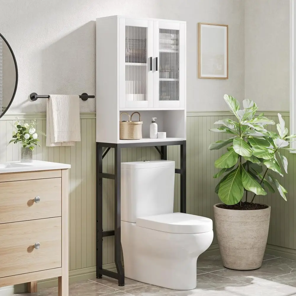 

Space-Saving Toilet Storage Cabinet, Tempered Glass Door, Metal & MDF Wood, White Bathroom Organizer