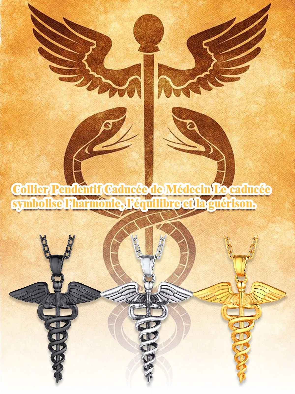 U7 Caduceus Necklaces Medical Symbol Nurse Doctor Stainless Steel Double Snake Wings Mythology Symbol Necklaces for Women Men