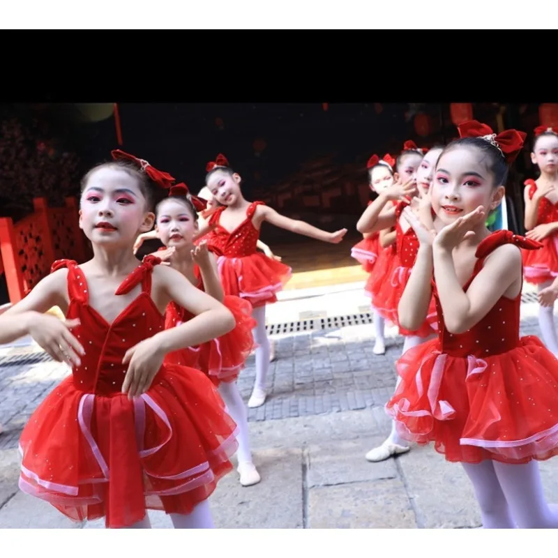 

Children's performance costumes, princess skirts, fluffy gauze skirts, red ballet stage costumes