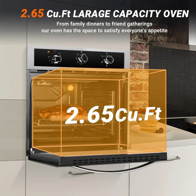 AMZCHEF 24" Single Wall Oven, 2.65 Cu.ft. Built-in Electric Wall Oven with 5 Cooking Functions, 360° ROTATING ROTISSERIE, 2200W