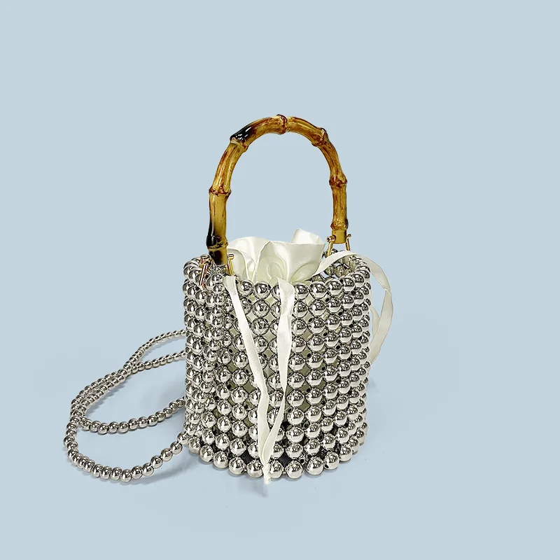 New niche design drawstring bucket bag, pearl chain bag, hand-held bamboo bag, hand woven crossbody bag