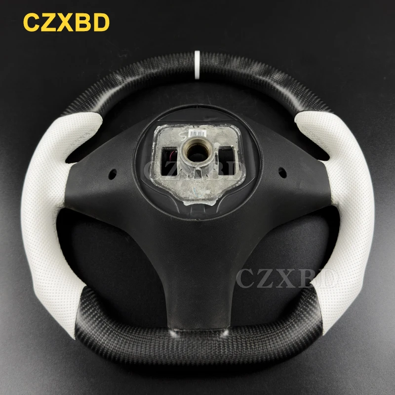 White Leather Steering Wheel For Tesla Model S Model X 2013 2014 2015 2016 2017 2018 2019 2020 2021 Matte Black Carbon Fiber