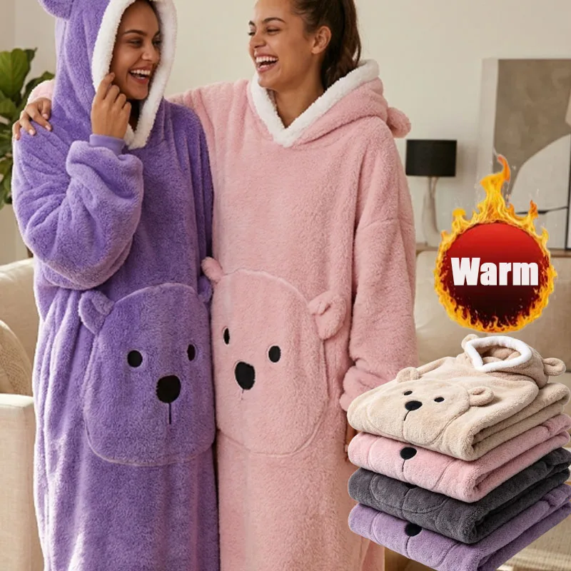 1PC Hooded Wearable Blanket for Adults Long Sleeve Oversized Thick Flannel Solid Color Couple Loungewear Throw Blanket Pajamas