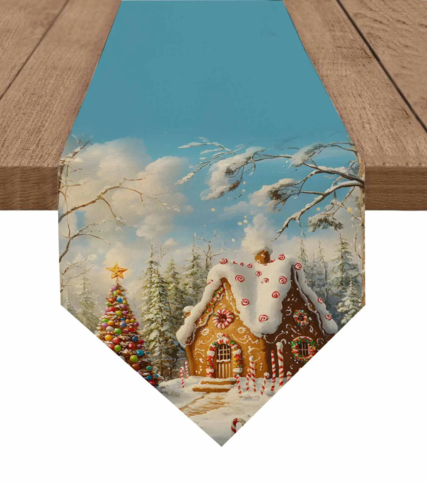 Christmas Tree Gingerbread House Fairy Tale Table Runner Wedding Party Tablecloth Coffee Dinning Table Decoration Table Runner