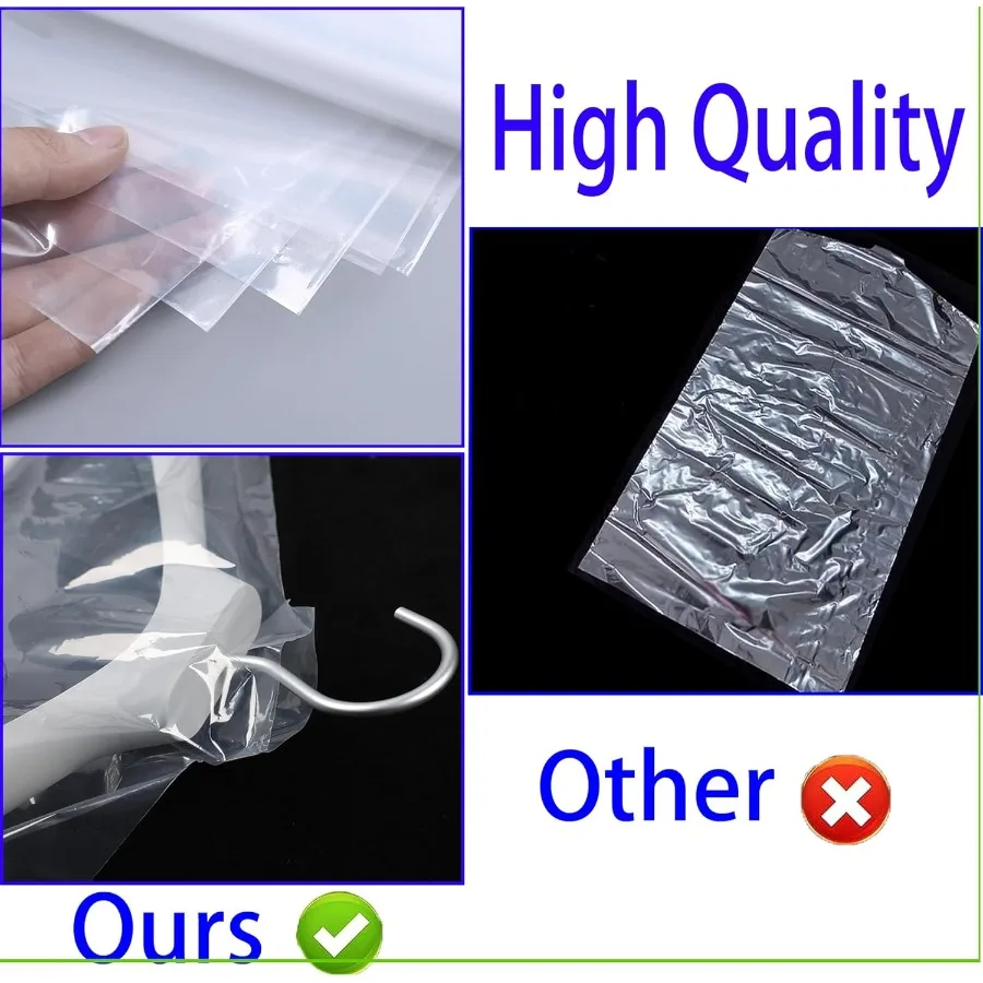 15枚入り 24 x 60インチ 透明プラスチック製衣類カバー ドライクリーニング用 吊り下げ式衣類収納バッグ 防塵保護付き