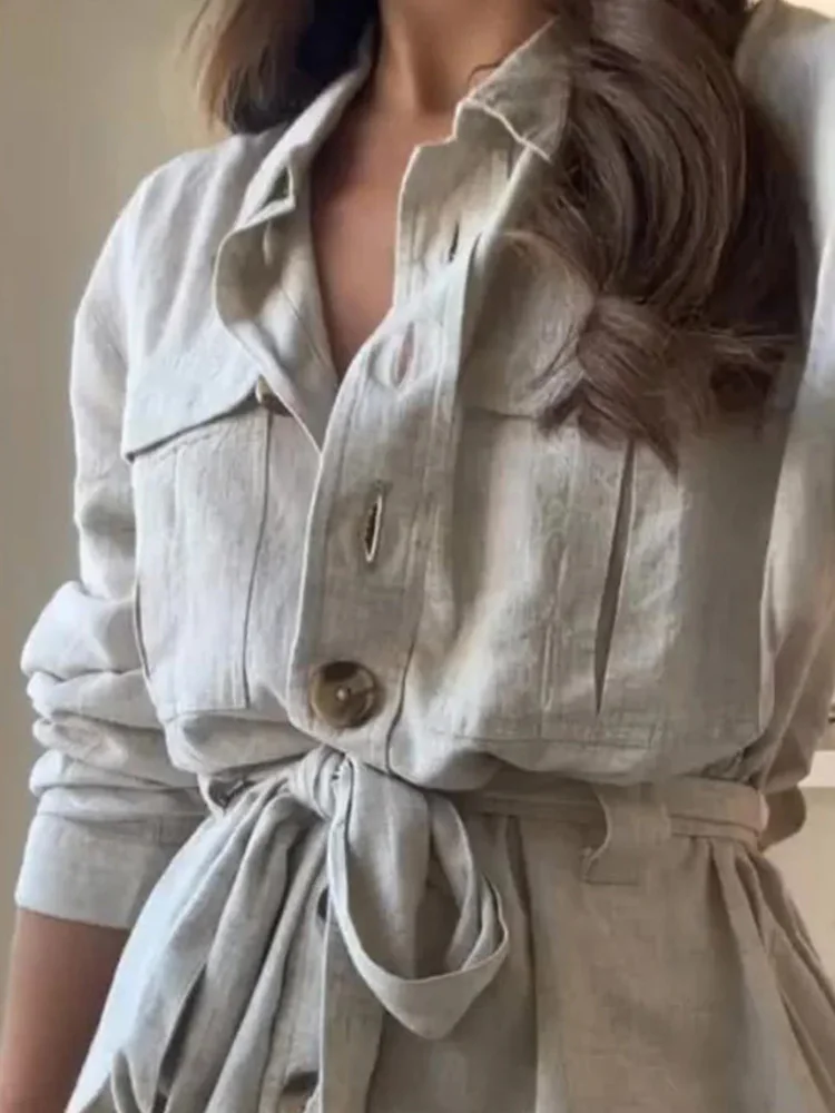 

Autumn New Solid Color Lace Up Suits Elegant Lady Loose Commute Pocket Outfit Casual Long Sleeve Lapel Shirts&Wide Leg Pants Set