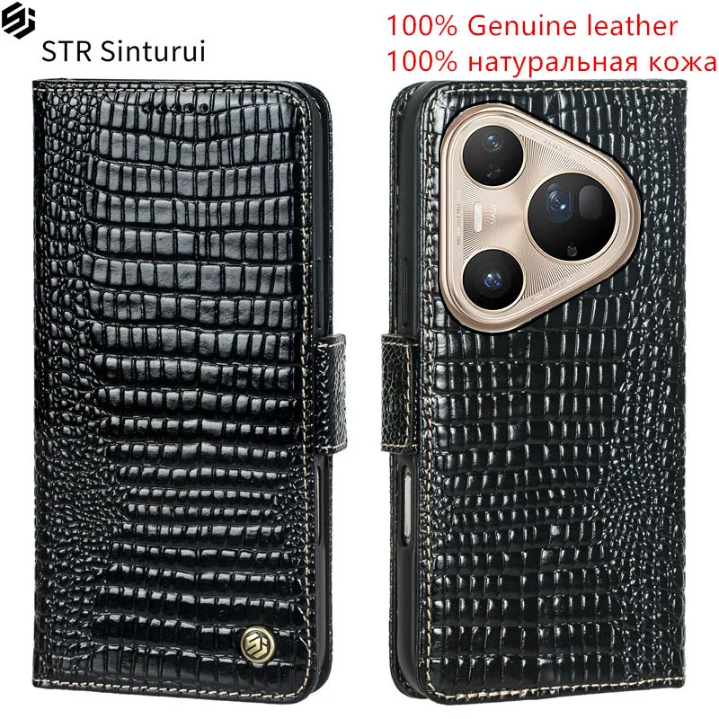 

STR 100% Genuine leather lizard grain card Slot Wallet Cover For Huawei Pura 80 70 Ultra Pro+ Pro Flip shockproof phone Case