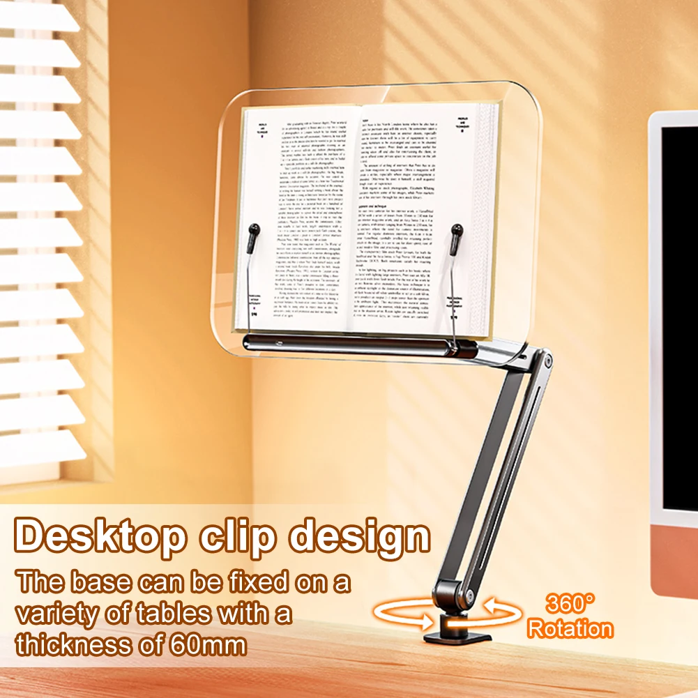 Acrylic Book Stand with Elastic Page Clips Portable Book Holder Adjustable Height Collapsible Desktop Riser Stand for Reading