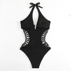 Monokini elegante sem mangas feminino, maiô de praia de verão, gola trançada, cintura alta, moda praia sem costas