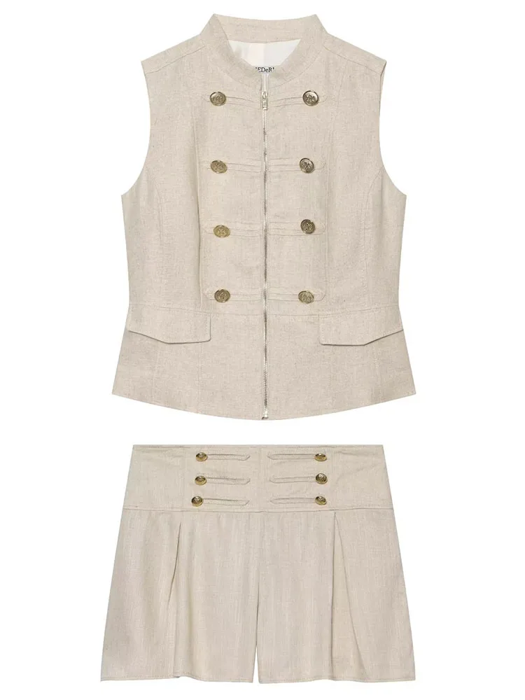 HH Women Summer Spring Vintage Elegant Beige 2 Piece Co Ord Set Stand Collar Double Breasted Gold Button Vest High Waist Shorts