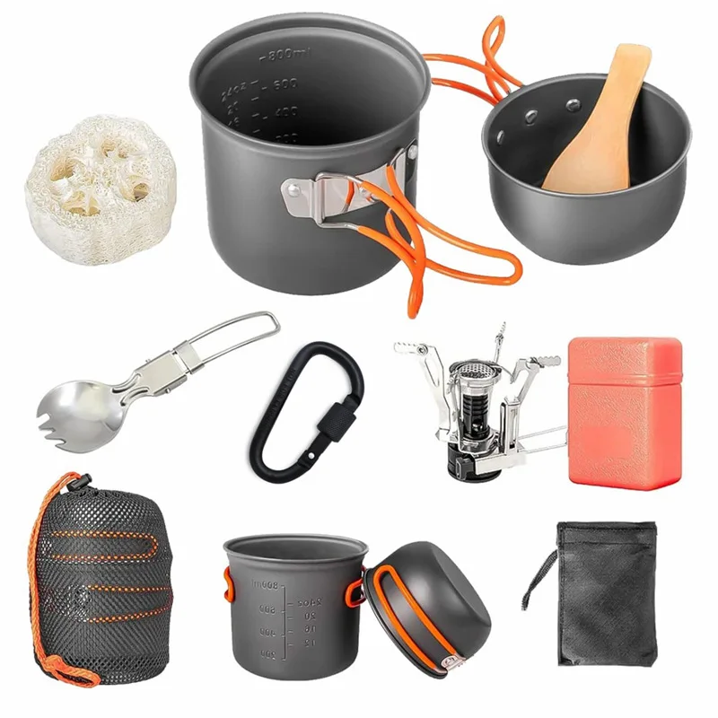 

Aluminum Camping Cookware Set-Eco-Friendly Portable Outdoor Pot Utensils (Spoon/Fork/Knife/Chopsticks) for 1-2 People Modern