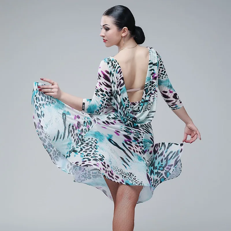 Customized Latin Dance Dress Female Adult Bareback Line Dance Suit Performance Dress Nano Mesh Practice Clothes 0218 D7