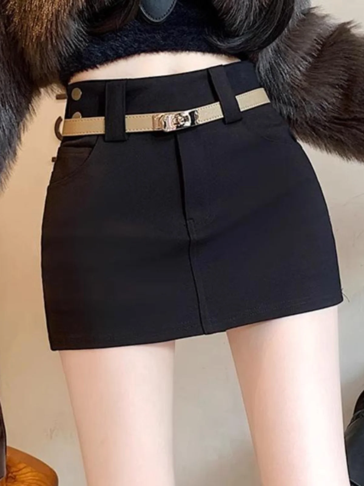 Khaki High Waist A-Line  Skirt for Women Commute Style Slimming Short Skirt Trendy Female Korean Version Polyester Fiber